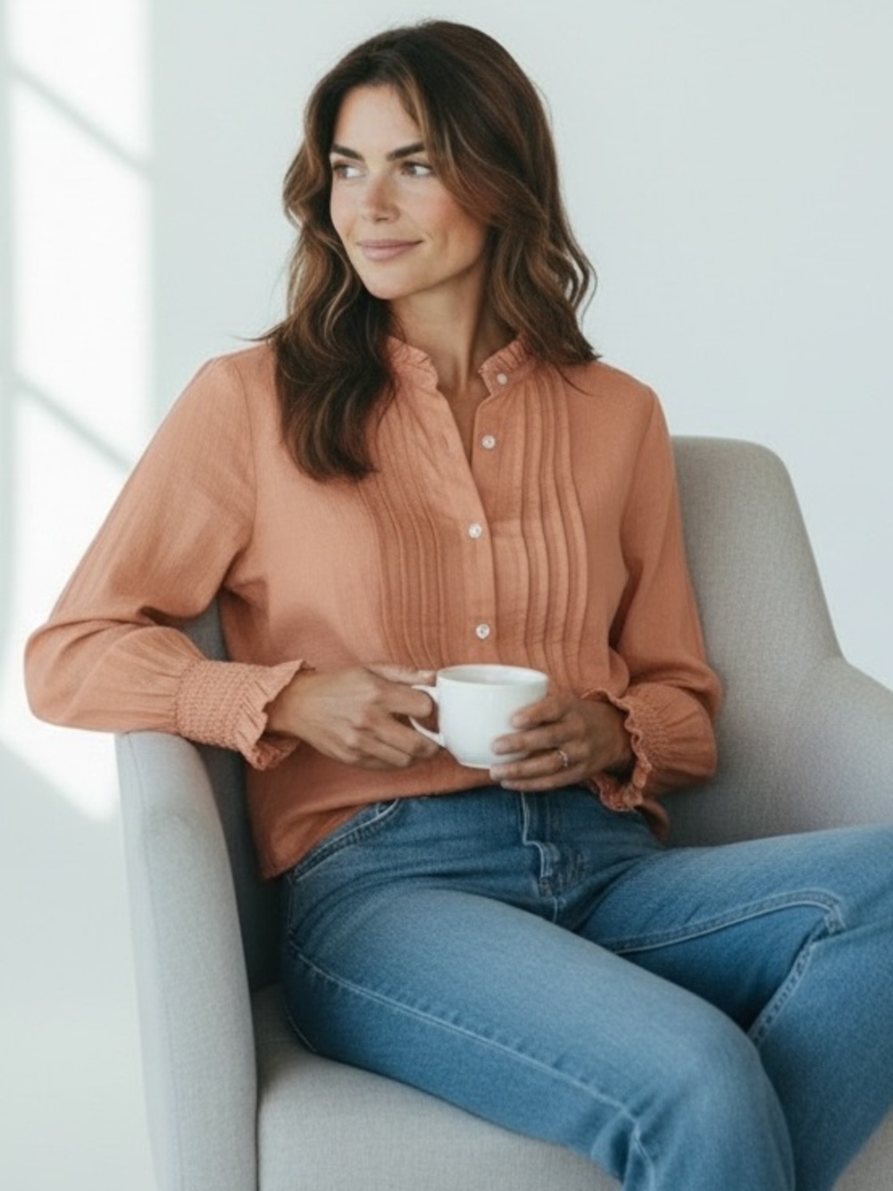 QUINCE 100% ORGANIC COTTON PEASANT BLOUSE SZ MED IN CAFE AU LAIT - Picture 3 of 8